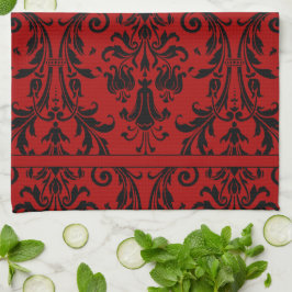 Wirbel mit rotem und schwarzem Flor Damask Monogra Geschirrtuch