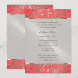 Wirbel Quinceanera Coral Pink und Silver Filigree Einladung