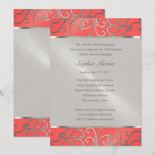 Wirbel Quinceanera Coral Pink und Silver Filigree Einladung