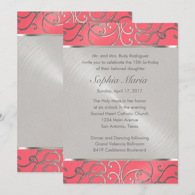 Wirbel Quinceanera Pink und Silver Filigree Einladung (Vorne/Hinten)