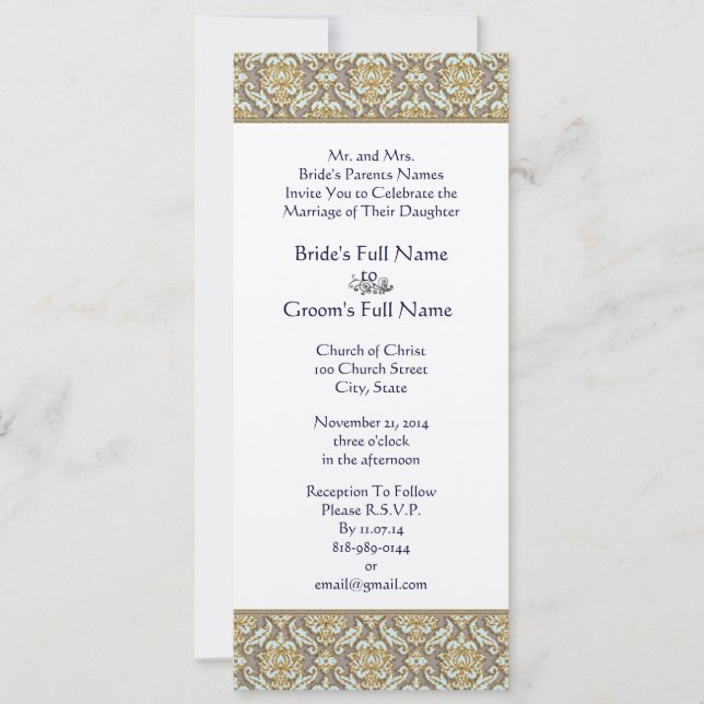 Wirbel von Gold & Gray Damask bei Hochzeitsfeiern Einladung (Vorderseite)