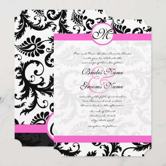 Wirbel von Pink & Black Damask zum Hochzeitsempfan Einladung (Vorne/Hinten)