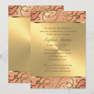Wirbel von Quinceanera Peach und Gold Filigree Einladung