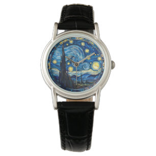 Wirbelnder Sternennacht-Inspirierter Kunstdruck Armbanduhr