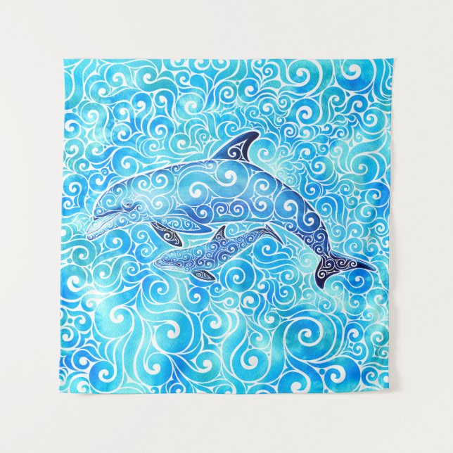 Wirble Dolphin-Familie Wandteppich (Vorderseite)