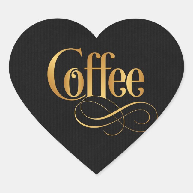 Wirbles Script Calligraphy Coffee Gold auf schwarz Herz-Aufkleber (Vorderseite)