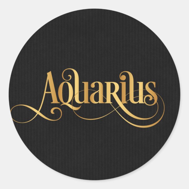 Wirbles Script Zodiac Sign Aquarius Gold auf schwa Runder Aufkleber (Vorderseite)