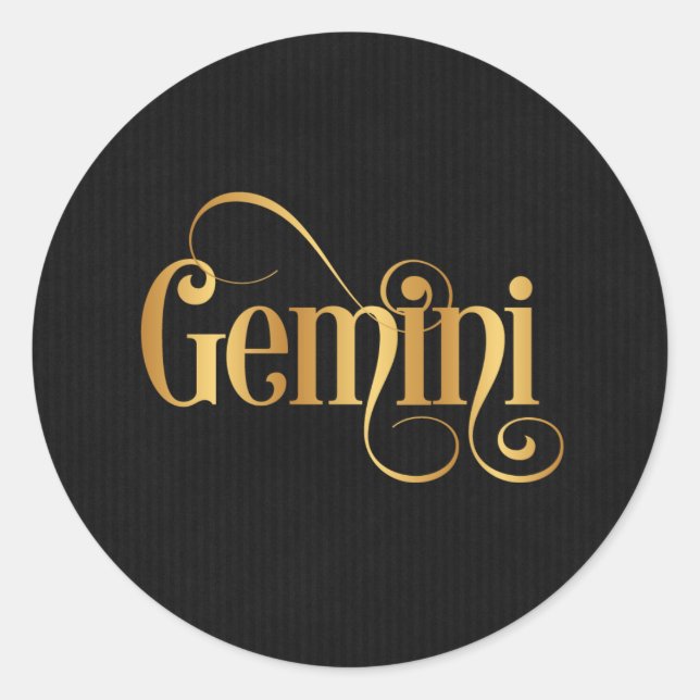 Wirbles Script Zodiac Sign Gemini Gold auf schwarz Runder Aufkleber (Vorderseite)