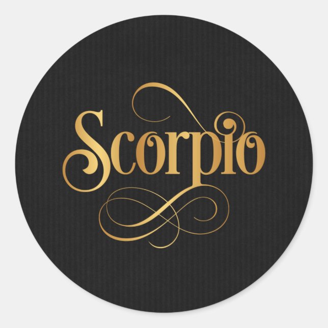 Wirbles Script Zodiac Sign Scorpio Gold auf schwar Runder Aufkleber (Vorderseite)