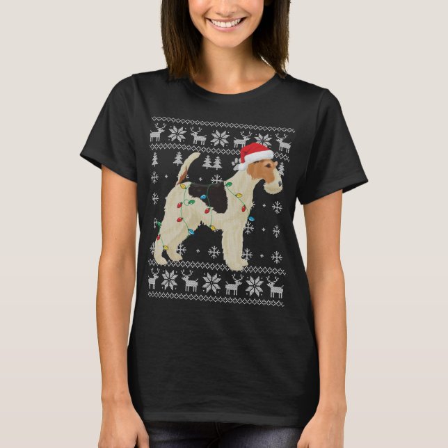 Wire Fox Terrier Christmas Ugly Lights Weihnachtsm T-Shirt (Vorderseite)