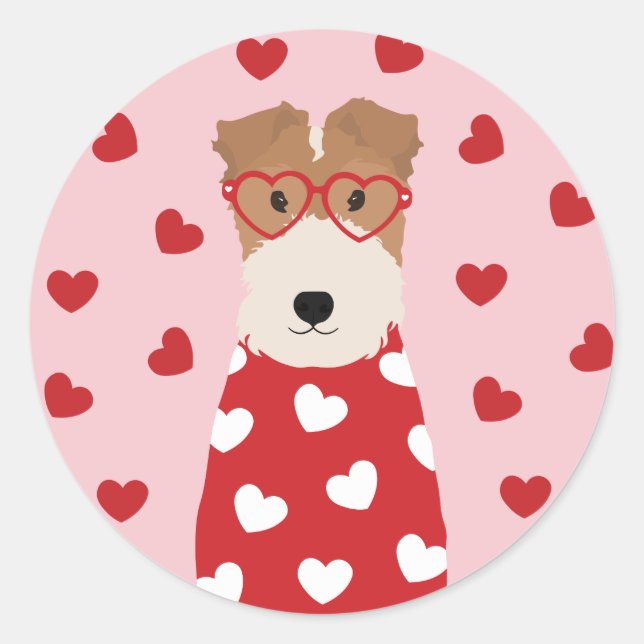 Wire Fox Terrier Hund Herz Brille Pink Runder Aufkleber (Vorderseite)