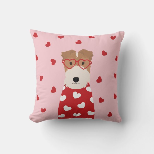 Wire Fox Terrier Hund Herz Brille Rosa Kissen (Vorderseite)