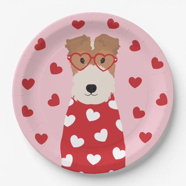 Wire Fox Terrier Hund Herz Brille Rosa Pappteller (Vorderseite)