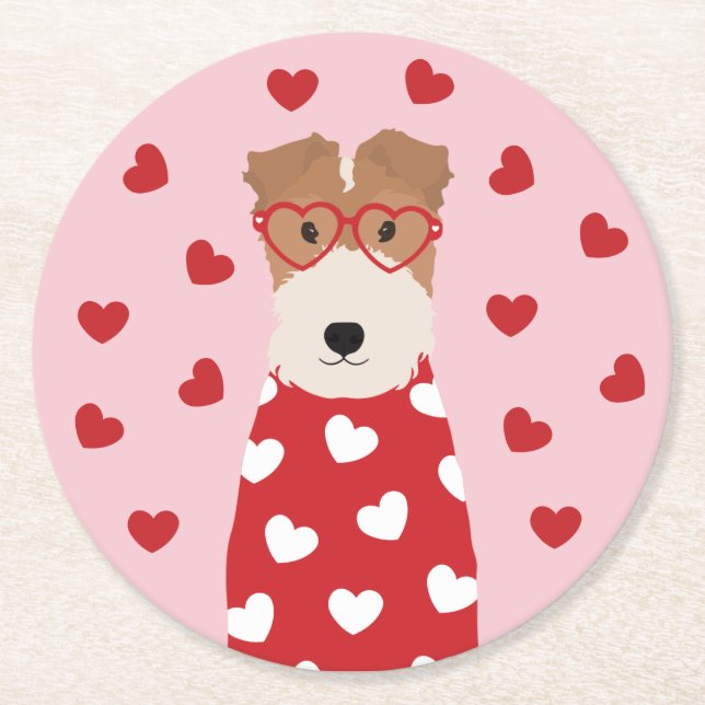 Wire Fox Terrier Hund Herz Brille Rosa Runder Pappuntersetzer (Vorderseite)