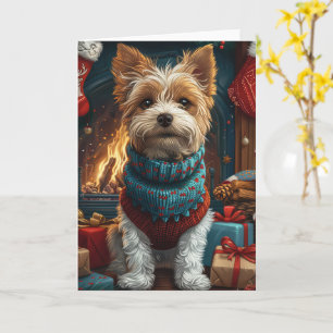 Wire Fox Terrier Hund mit Weihnachtsgeschenk Kamin Karte