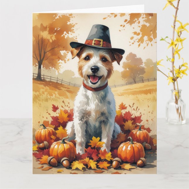 Wire Fox Terrier im Herbst hinterlässt Erntedank K Karte (Gelbe Blume)