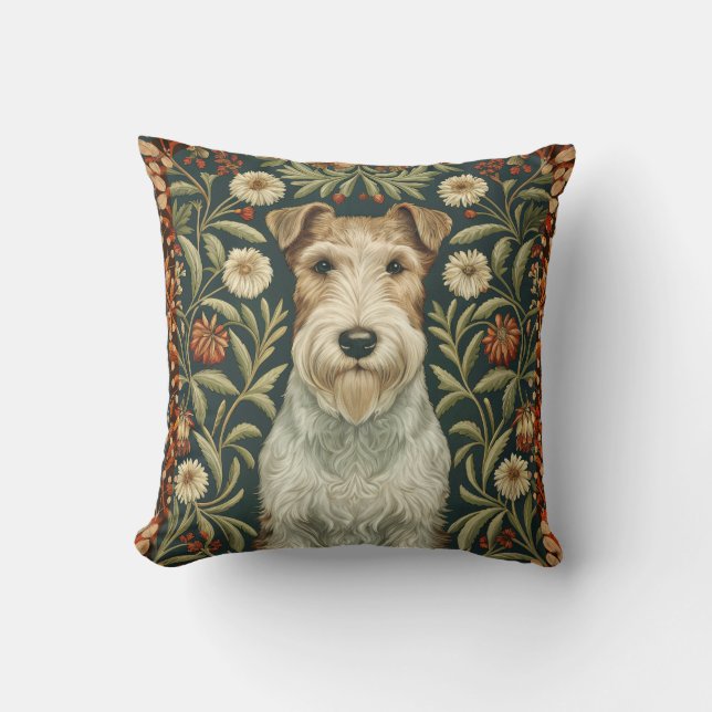 Wire Fox Terrier in William Morris Floral Style Kissen (Vorderseite)