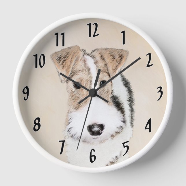 Wire Fox Terrier Painting - Cute Original Dog Art Wanduhr (Vorderseite)