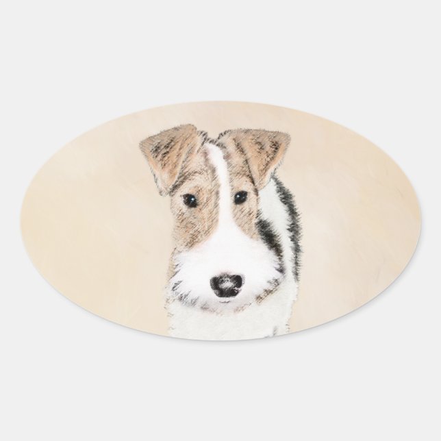Wire Fox Terrier Painting - Niedliche Original Dog Ovaler Aufkleber (Vorderseite)