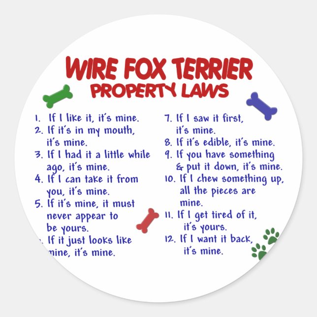 WIRE FOX TERRIER Property Laws 2 Runder Aufkleber (Vorderseite)