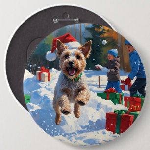 Wire Fox Terrier Running Snow mit Weihnachtshut Button