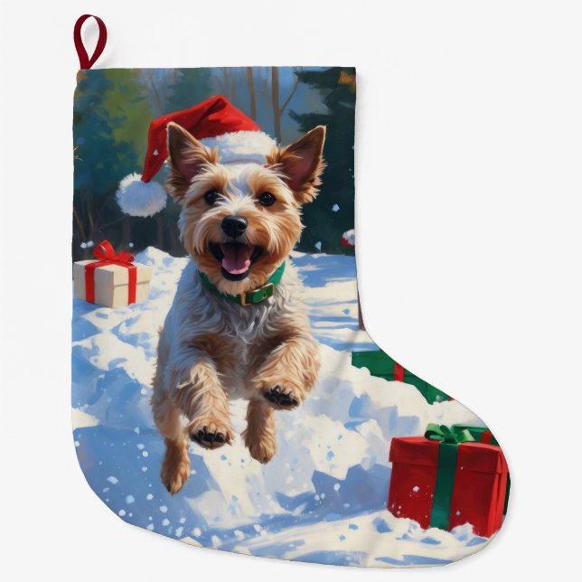 Wire Fox Terrier Running Snow mit Weihnachtshut Großer Weihnachtsstrumpf (Vorderseite)