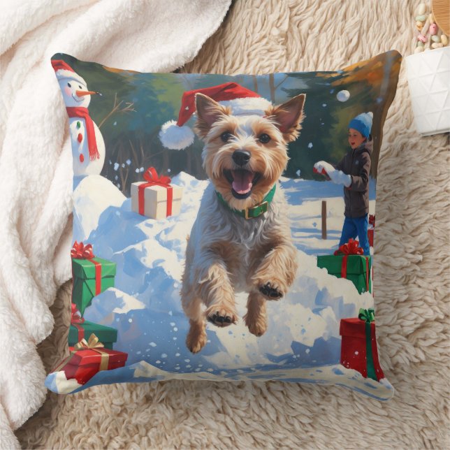 Wire Fox Terrier Running Snow mit Weihnachtshut Kissen (Decke)