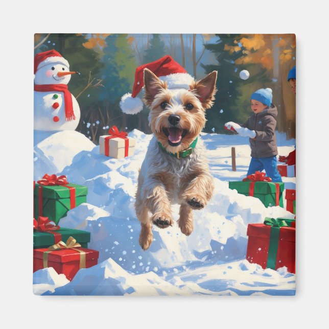 Wire Fox Terrier Running Snow mit Weihnachtshut Magnet (Vorne)