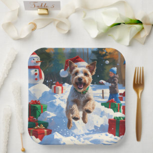 Wire Fox Terrier Running Snow mit Weihnachtshut Pappteller