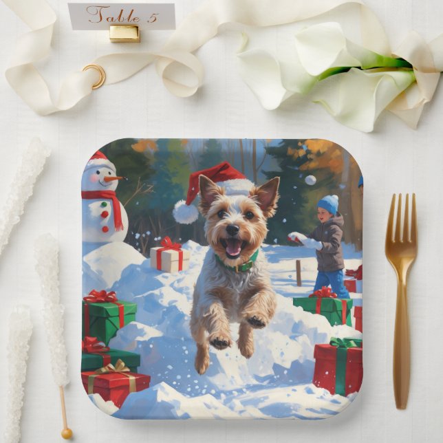 Wire Fox Terrier Running Snow mit Weihnachtshut Pappteller (Hochzeit)