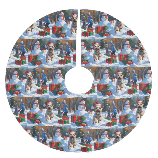 Wire Fox Terrier Running Snow mit Weihnachtshut Polyester Weihnachtsbaumdecke (Vorderseite)