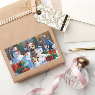Wire Fox Terrier Running Snow mit Weihnachtshut Rechteckiger Aufkleber