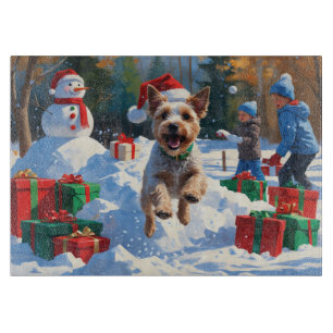 Wire Fox Terrier Running Snow mit Weihnachtshut Schneidebrett