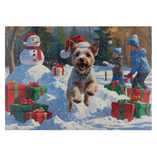 Wire Fox Terrier Running Snow mit Weihnachtshut Schneidebrett (Vorderseite)