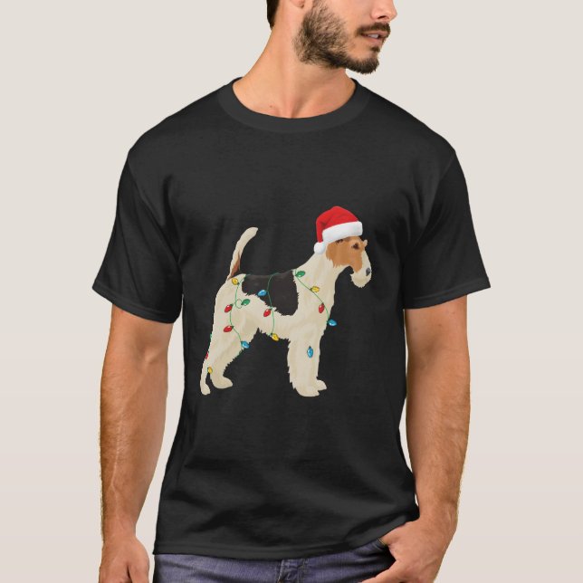 Wire Fox Terrier Weihnachtslicht Weihnachtsmannmüt T-Shirt (Vorderseite)