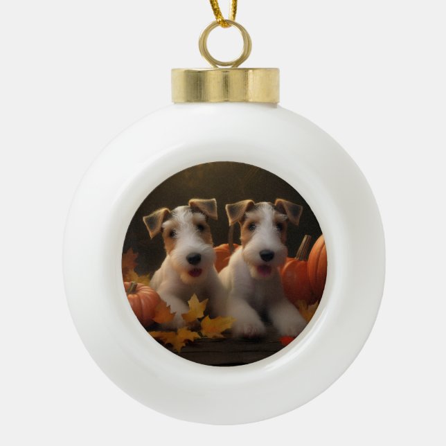 Wire Fox Terrier Welpe Autumn Delight Pumpkin Keramik Kugel-Ornament (Vorderseite)