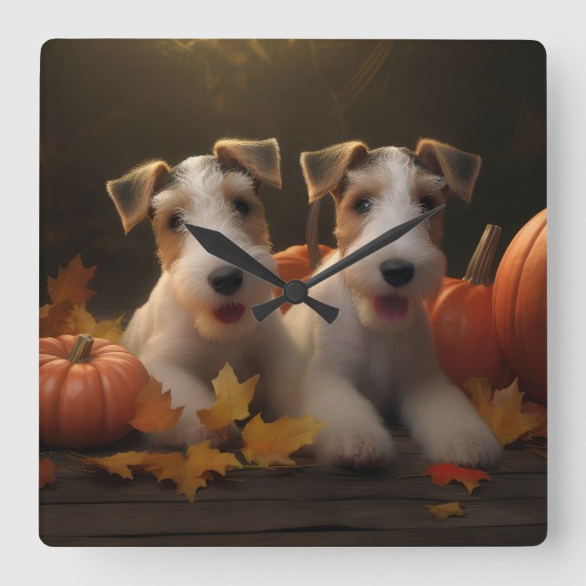 Wire Fox Terrier Welpe Autumn Delight Pumpkin Quadratische Wanduhr (Vorderseite)