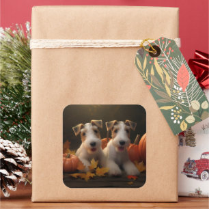 Wire Fox Terrier Welpe Autumn Delight Pumpkin Quadratischer Aufkleber