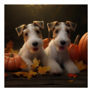 Wire Fox Terrier Welpe Herbstfreude Kürbis Poster