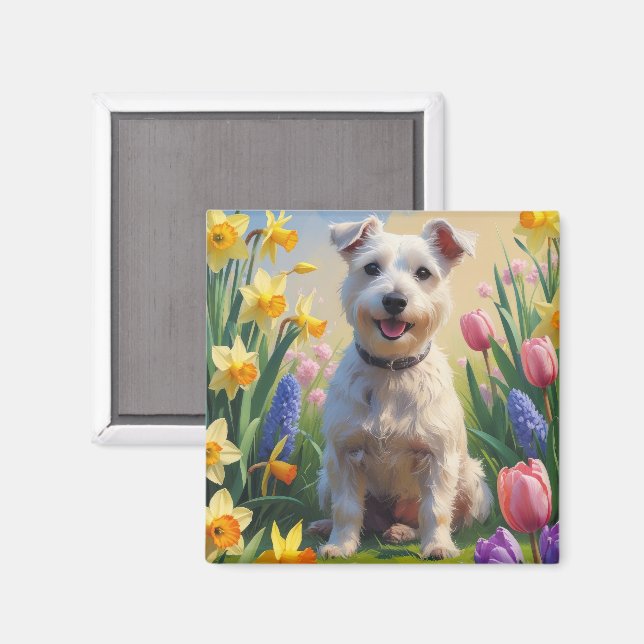 Wirefox Terrier Dog Spring Flowers Malerei Magnet (Vorderseite/Rückseite)