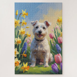 Wirefox Terrier Hund Frühlingsblumen Malerei