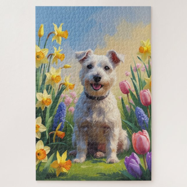 Wirefox Terrier Hund Frühlingsblumen Malerei (Vertikal)