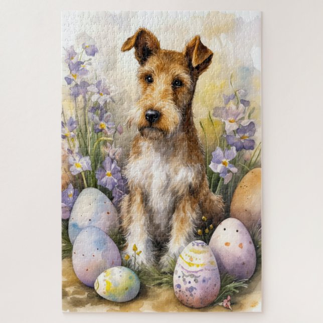 Wirefox Terrier Hund mit Ostereiern Urlaub (Vertikal)