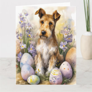 Wirefox Terrier Hund mit Ostereiern Urlaub Karte