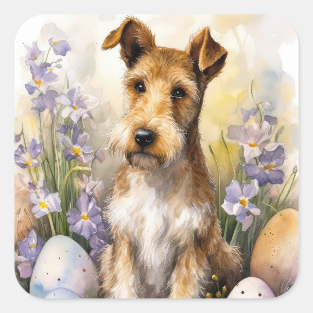 Wirefox Terrier Hund mit Ostereiern Urlaub Quadratischer Aufkleber (Vorderseite)
