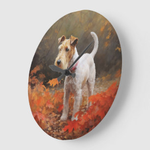 Wirefox Terrier im Herbst Leaves Fall Inspiriert Große Wanduhr