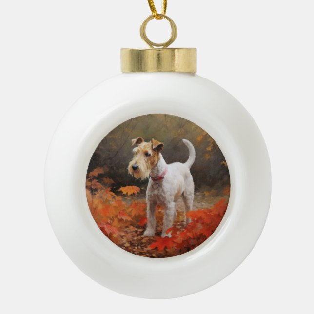 Wirefox Terrier im Herbst Leaves Fall Inspiriert Keramik Kugel-Ornament (Vorderseite)