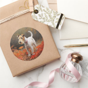 Wirefox Terrier im Herbstlaubfall inspiriert Runder Aufkleber