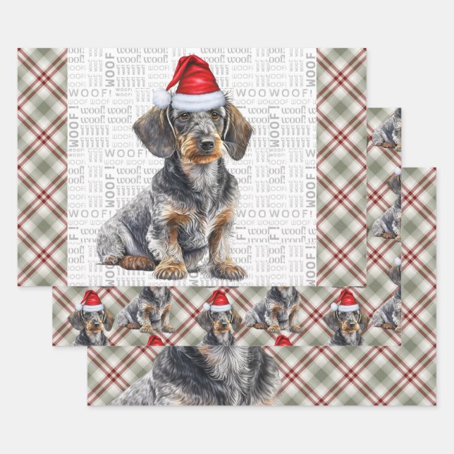 Wirehair Dachshund Dog Red Plaid Christmas Geschenkpapier Set (Set)