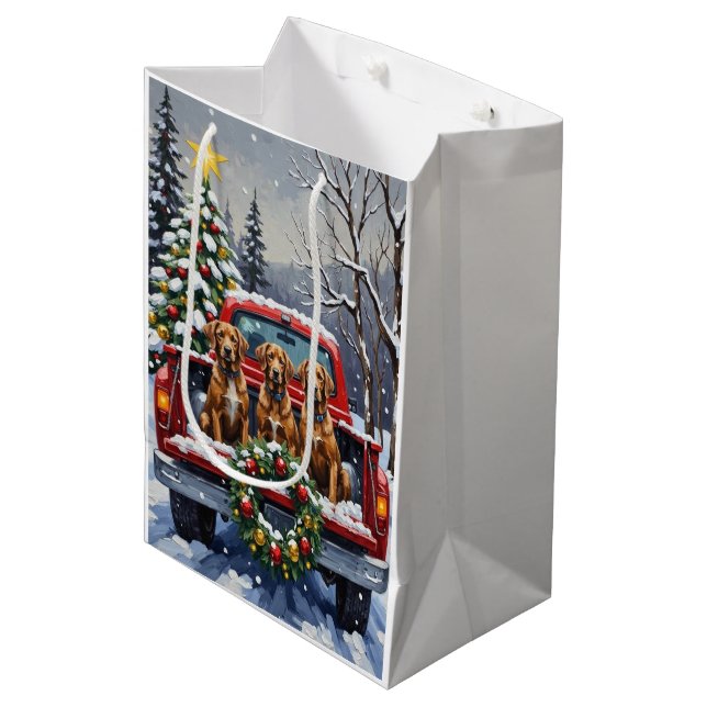 Wirehaired Pointing Griffon Christmas Red Truck Mittlere Geschenktüte (Vorderseite Schrägansicht)